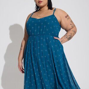 Torrid Teal Midi Chiffon Pleated Spaghetti Strap Summer Swing Dress
